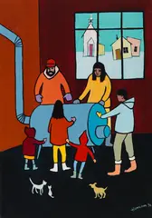 Communal Stove by Ted Harrison, 1970, acrylic on board, sold Feb 2025