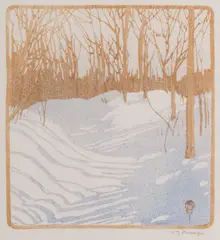 Winter Sunshine by Walter J. Phillips, colour woodcut on paper, sold Jan 2025