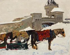 Market Sleighs: St Louis Gate (Quebec City) by Robert Pilot, oil on board, sold Jan 2025