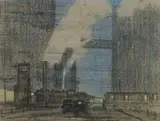 4th Street Calgary by Alfred Crocker Leighton, 1927, coloured pencil on paper, sold Jan 2025