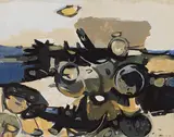 Beach with Red Sun by Gordon A. Smith, tempera on paper, sold Jan 2025