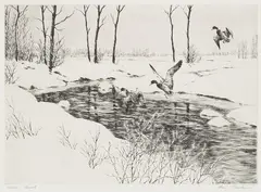 Winter Guests by Hans Kleiber, etching on paper, sold Jan 2025