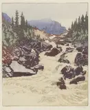 Above Lake Louise by Walter J. Phillips, woodcut on paper, sold Jan 2025