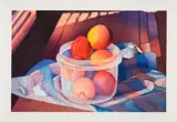 Peaches in a Plastic Pot by Mary Frances Pratt, 1995, woodcut on paper, sold Jan 2025