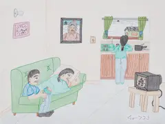 TV and Dishes by Annie Pootoogook, coloured pencil and ink on paper, sold Jan 2025