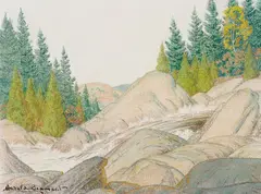 Mounting Stream by Thomas Harold Beament, oil on canvas board, sold Jan 2025
