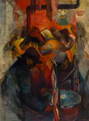 Saulteaux Drum Dance by Susan Ross, acrylic on board, sold Dec 2025
