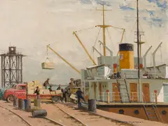 Rupertsland Loading Cargo, Churchill by Norman Wilkinson, oil on canvas, sold Dec 2025