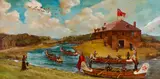 Untitled (Canoe Brigade Leaving Lachine) by Kuba Bryzgalski, oil on canvas, sold Dec 2025