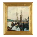 Sailing Ships at Harbor by Caroline Bell, Oil on artist board, sold Jun 2026