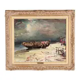 Coastal Scene with Beached Boat by Marian Mokwa, Oil on canvas, sold Jun 2026