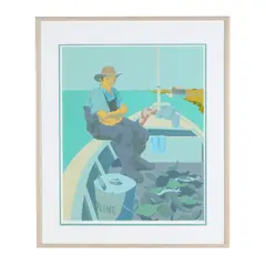 Seated Fisherman, Mending Nets by Claude Howell, Serigraph in colors, sold May 2026