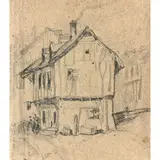 Personnages devant une chaumière by Adolphe Hervier, Crayon noir, sold Apr 2015