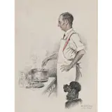 Le comte Chevreau d'Antraigues faisant des confitures devant les yeux d'Alice, Lausanne 1969 by Xavier de Poret, Crayon noir et aquarelle, sold Apr 2015