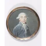Portrait d'homme à la redingote à rayuresGouache sur ivoireØ 5,5 cmSigné en bas à gauche Lang... by Jérôme Langlois, Gouache sur ivoire, sold Apr 2015