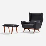 Lounge chair, model 110 and ottoman by Illum Wikkelsø, c. 1955, leather, teak, sold Apr 2023