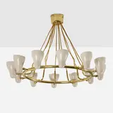 Ceiling lamp, model 400 by Giuseppe Ostuni, c. 1950, brass, enameled aluminum, nylon cord, sold Mar 2023