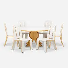 Queen Anne dining set by Robert Venturi, c. 1978 / 1985, plywood, plastic laminate, rubber, chrome-plated brass, sold Mar 2023