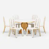 Queen Anne dining set by Robert Venturi, c. 1978 / 1985, plywood, plastic laminate, rubber, chrome-plated brass, sold Mar 2023