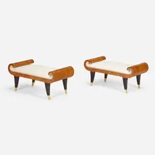 Stools for Ambrogio Gadola, pair by Tomaso Buzzi, c. 1929-30, rosewood, brass, upholstery, sold Mar 2023