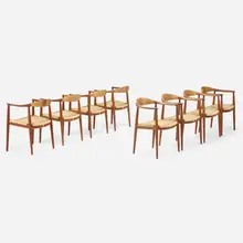 The Chairs, set of eight by Hans J. Wegner, 1949, teak, vinyl, sold Mar 2023