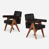 Committee chairs from High Court, Chandigarh, pair by Pierre Jeanneret, c. 1953, rosewood, cowhide, sold Mar 2023