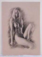 Untitled by Arthur Smith, Charcoal and chalk Nude Woman seated with one leg up on textured thick artist paper, offered Dec 2023