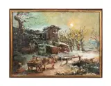 Untitled - Winter Cottage Landscape by Forrest Jacobs, oil on canvas, sold Mar 2025