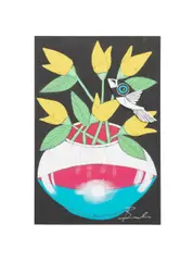 born 1972). Untitled - Still Life with Yellow Flowers and Bird - 2024 by Michael Banks, acrylic and mixed media cut out on board, sold Jun 2025