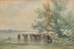 landscape with cows by Willem Roelofs, watercolor on paper, sold Jun 2022