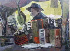 Painting "Music Shop by William Barnett, gouache on board, sold Sep 2022