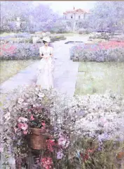Painting "Garden Walk by An He, oil on canvas, sold Dec 2022