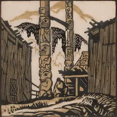 Totem Poles, No. 1 (1926) by Edwin Holgate, colour wood engraving, sold Dec 2022