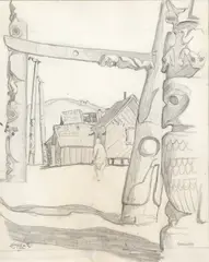 Totem Poles, Gitsegukla by Edwin Holgate, graphite drawing, sold Dec 2022