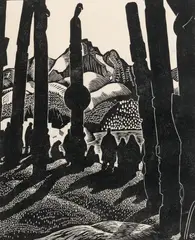 Totem Poles No. 4 (Departing People), 1926 by Edwin Holgate, wood engraving, sold Jun 2023