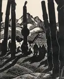 Totem Poles No. 4 (Departing People), 1926 by Edwin Holgate, wood engraving, sold Jun 2023