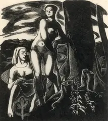 Two Figures, 1955 by Edwin Holgate, wood engraving, sold Jun 2023