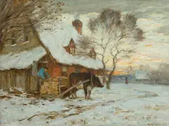 A Load of Wood, Winter by Horatio Walker, oil on canvas, sold Jun 2023