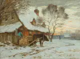 A Load of Wood, Winter by Horatio Walker, oil on canvas, sold Jun 2023