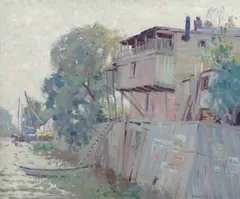 Old Houses, Berthier by William Clapp, oil on canvas, sold Jun 2023