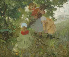 Girls Gathering Firewood, circa 1886 by Henry M. Rosenberg, oil on canvas, sold Jun 2023