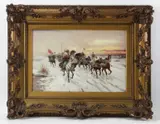The Russian Governor's journey in winter by Constantine Stoiloff, oil on wood panel, sold Sep 2023