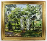 park scene with white pillars by Carl Schwenn, oil on canvas, sold Nov 2023
