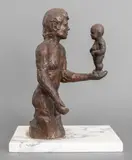 Surrealist figurative patinated bronze sculpture depicting a man holding a standing child in his left hand by Victor Salmones, marble base. 12" H x 8.5" W x 5.5" D, sold Jun 2023