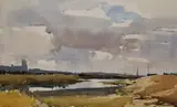 A river landscape with church steeple beyond by Edward Wesson, watercolour, offered Aug 2024