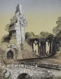 An architectural ruin with stone arched bridge to by Agnes Dewhurst, 1879, watercolour, offered Aug 2024