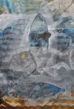 An abstract design depicting fish by Mick Blamires, mixed media, offered Aug 2024