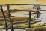 Golden Sunset, Thornham Channel, North Norfolk by Brenda Mace, watercolour, offered Aug 2024