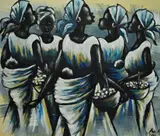 Xhosa women carrying baskets by Ben Adjei, 2003, oil on canvas, offered Jul 2024