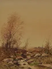 A moorland river and grazing sheep by Tom Campbell, watercolor, offered Jul 2024